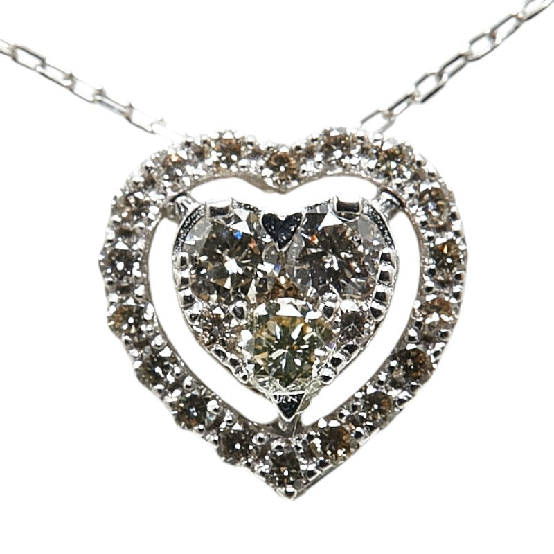 K18WG White Gold Diamond Heart Pendant Necklace in Great Condition