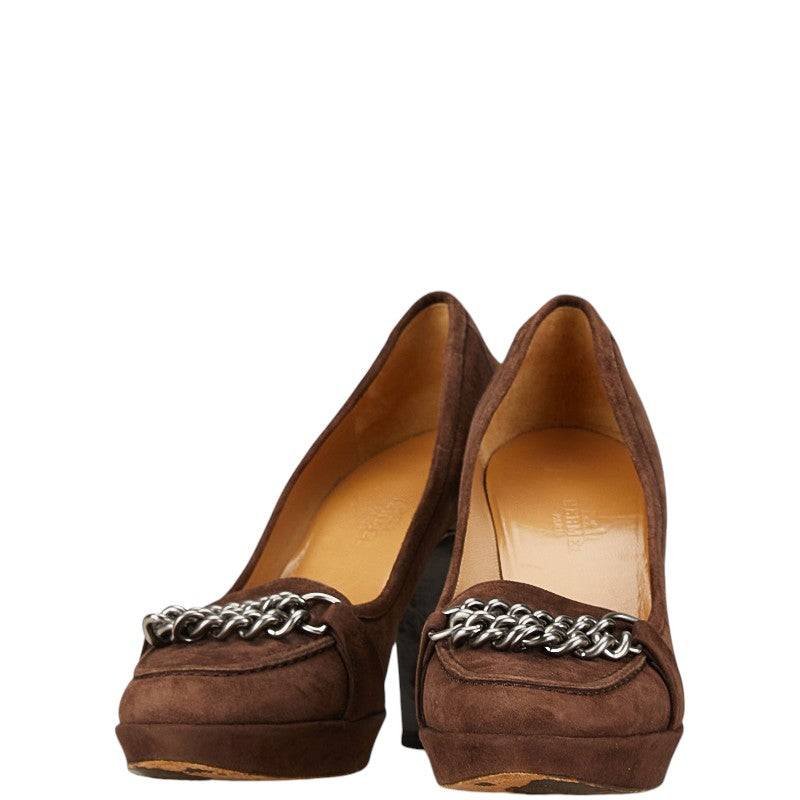 Hermes Suede Pumps Brown Silver