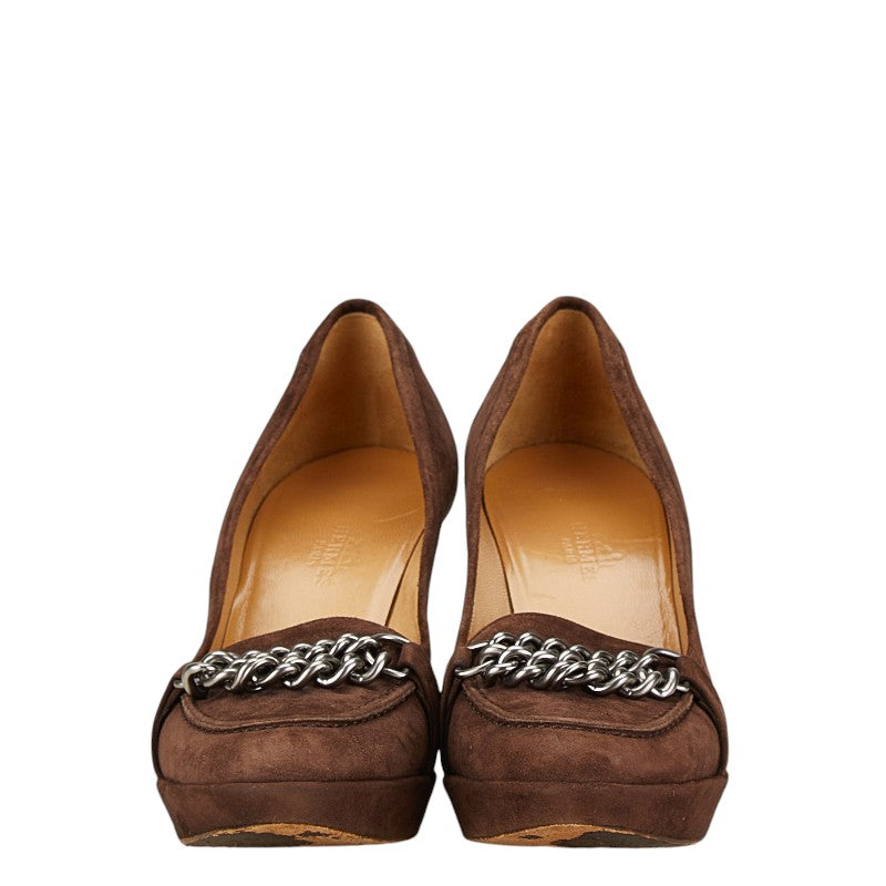 Hermes Suede Pumps Brown Silver