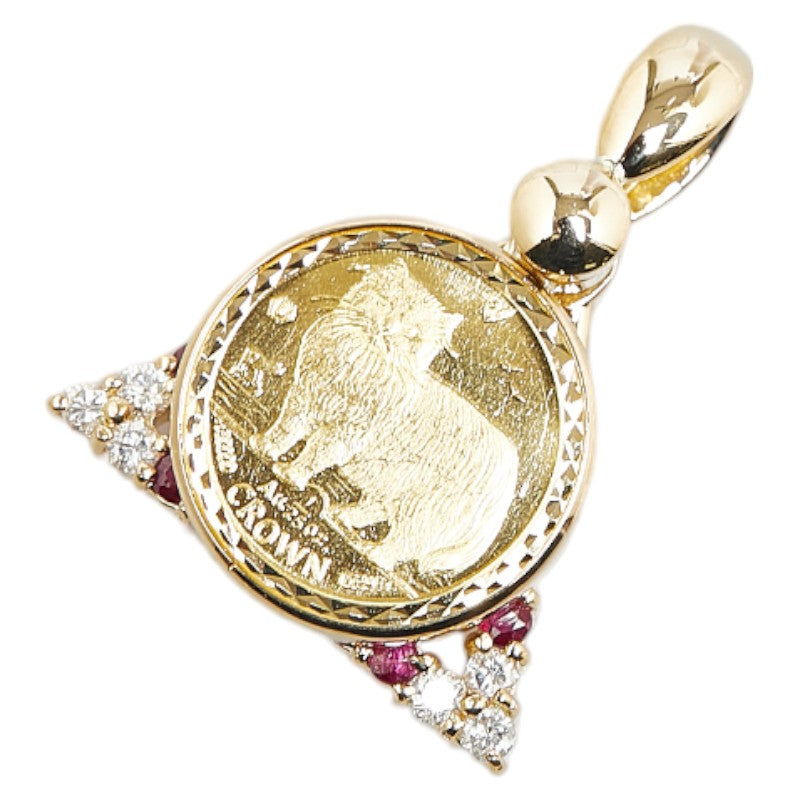 Yellow Gold Ruby Diamond Elizabeth II Cat Coin Pendant in Excellent Condition