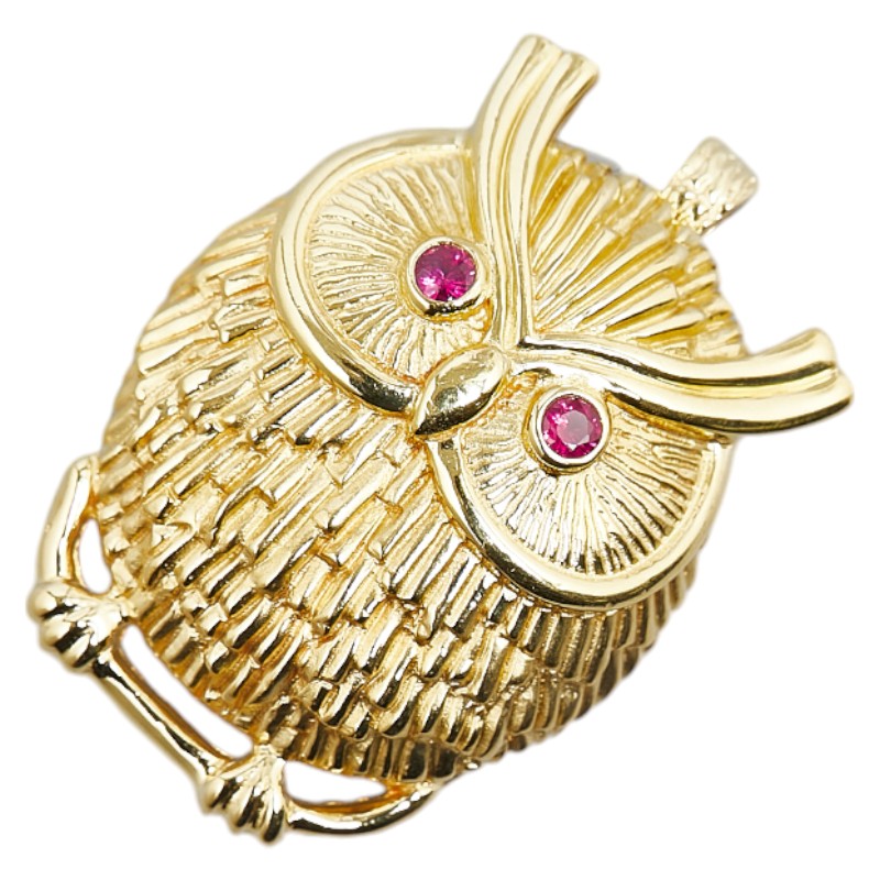 K18YG Yellow Gold Ruby Owl Pendant Brooch