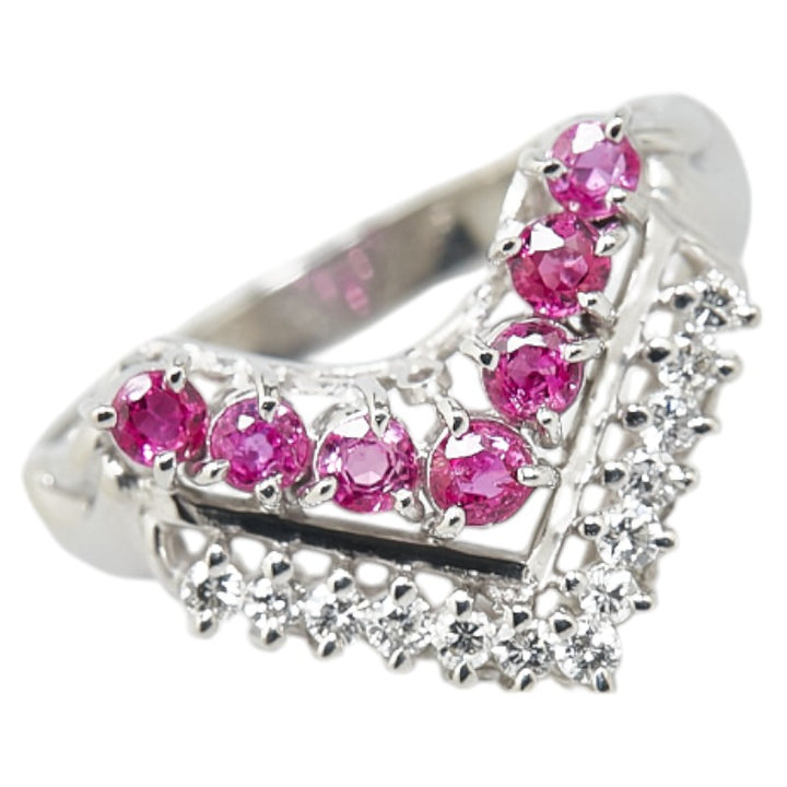 Pt900 Platinum Ruby Diamond V-Shaped Ring in Great Condition