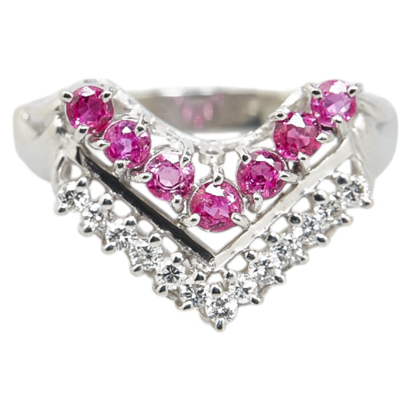 Pt900 Platinum Ruby Diamond V-Shaped Ring in Great Condition