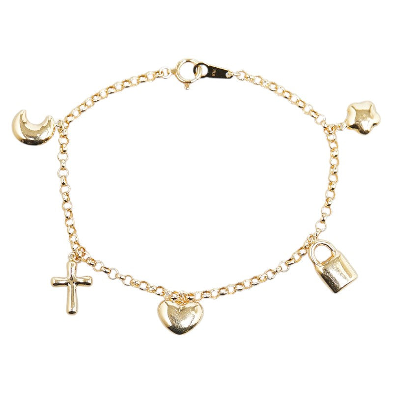 K18YG Gold Cross Heart Moon Padlock Bracelet