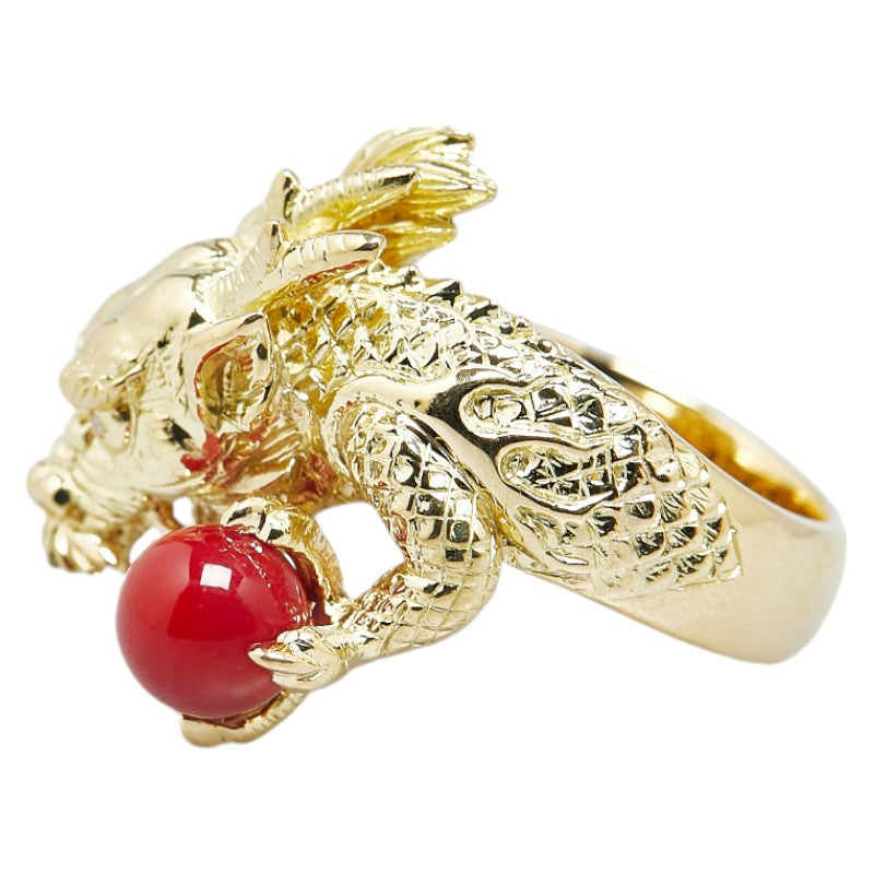 K18YG Yellow Gold Red Coral Dragon Ring