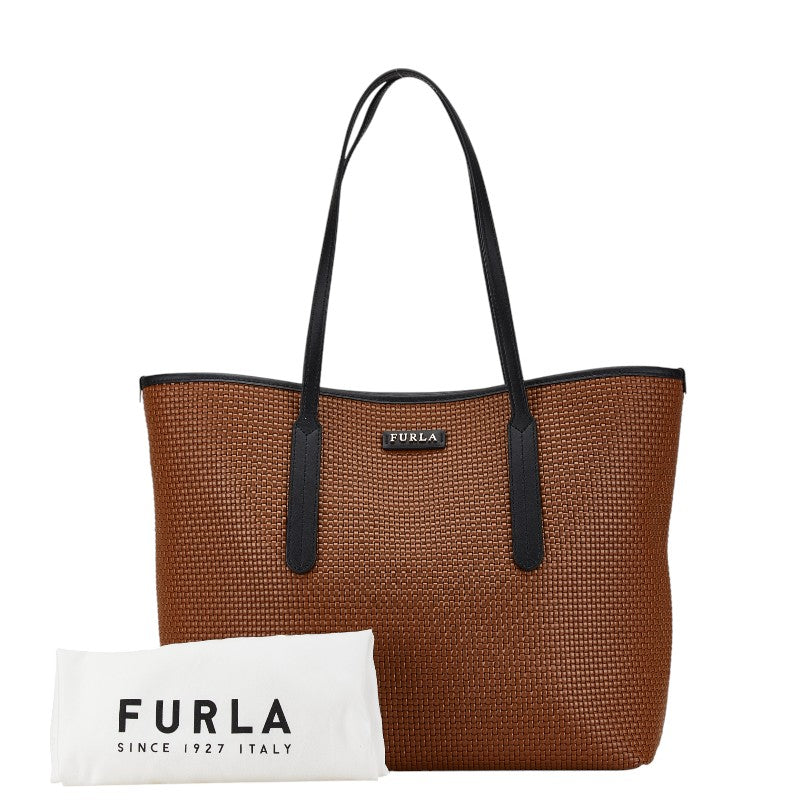 Furla Ariana Woven Tote Bag Brown Black PVC Leather