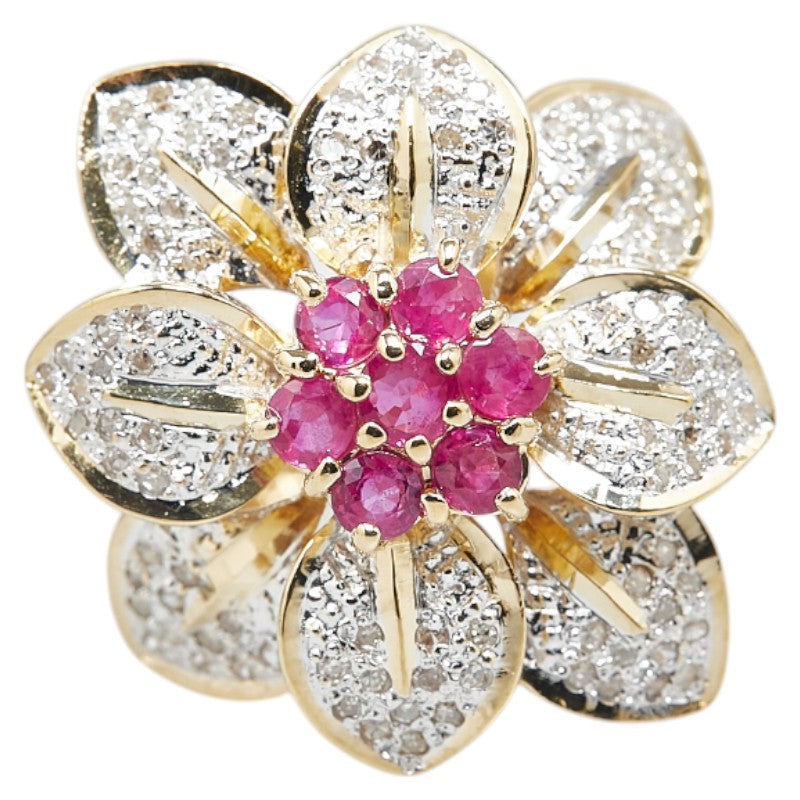 K18YG Yellow Gold Ruby Diamond Flower Ring