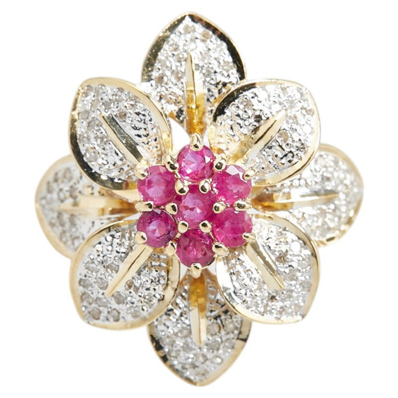 K18YG Yellow Gold Ruby Diamond Flower Ring