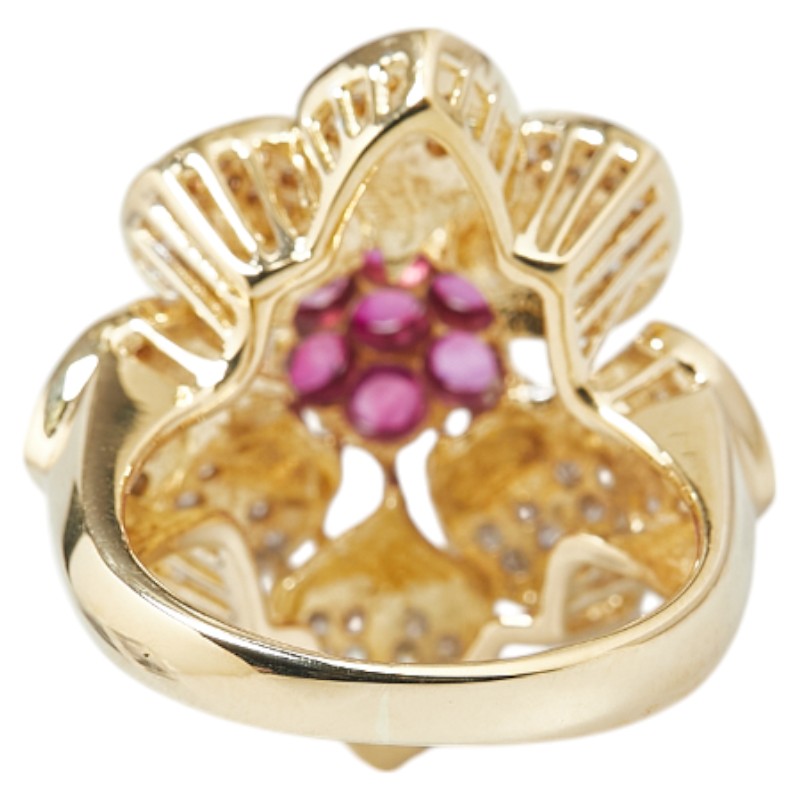 K18YG Yellow Gold Ruby Diamond Flower Ring