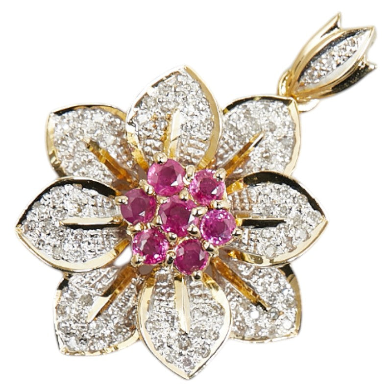 K18YG Yellow Gold Ruby Diamond Flower Pendant