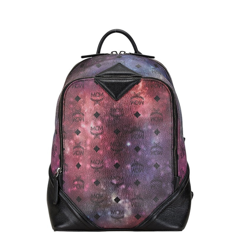 MCM Visetos Logo Backpack Black Purple PVC Leather