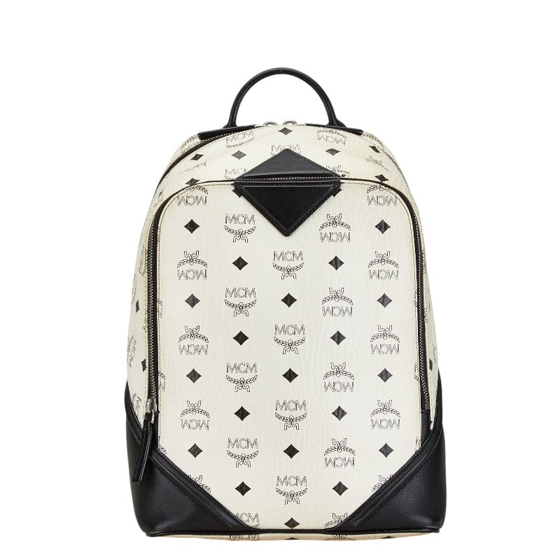 MCM Visetos Logo Backpack White Black PVC Leather