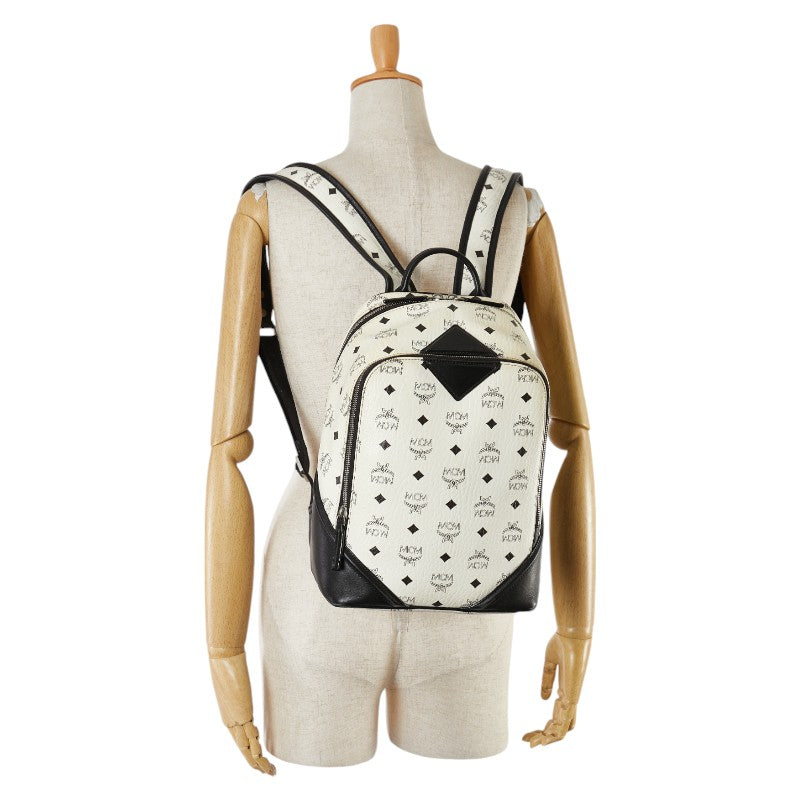 MCM Visetos Logo Backpack White Black PVC Leather