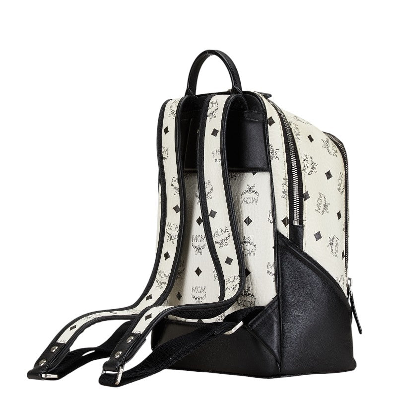 MCM Visetos Logo Backpack White Black PVC Leather