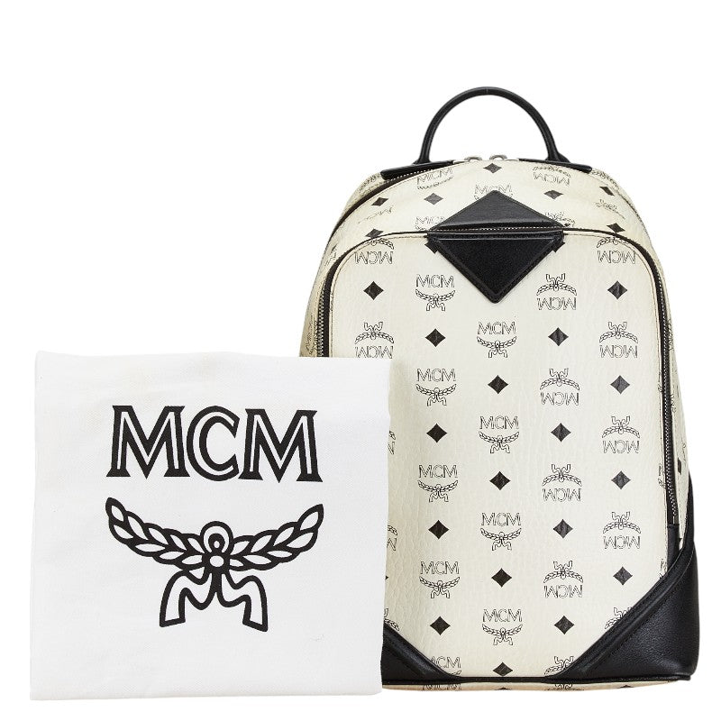 MCM Visetos Logo Backpack White Black PVC Leather