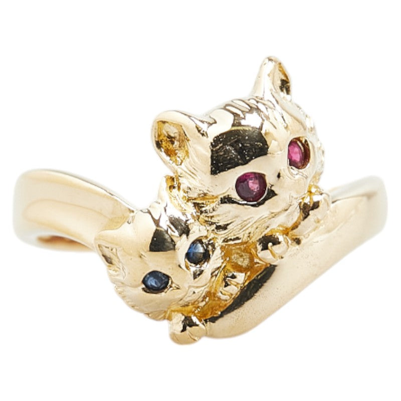 K18YG Gold Ruby Sapphire Cat Motif Ring