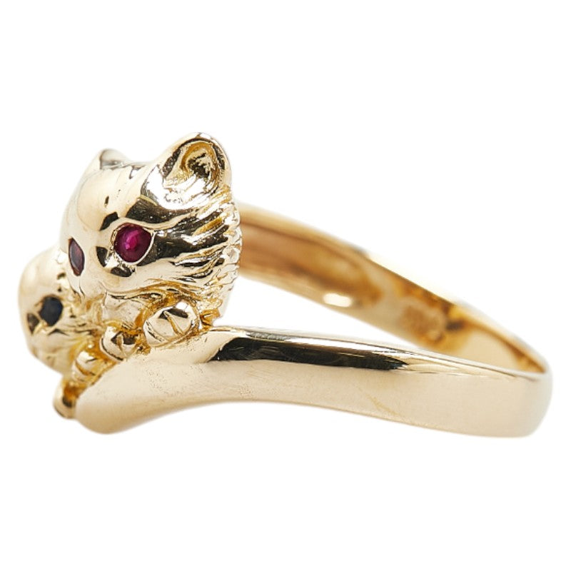 K18YG Gold Ruby Sapphire Cat Motif Ring