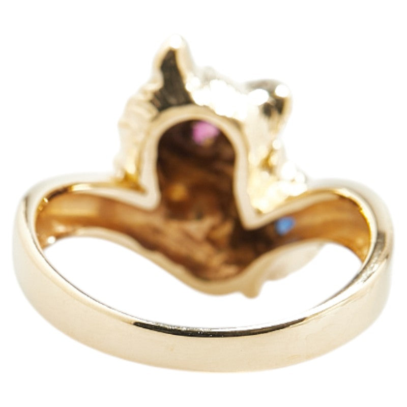 K18YG Gold Ruby Sapphire Cat Motif Ring