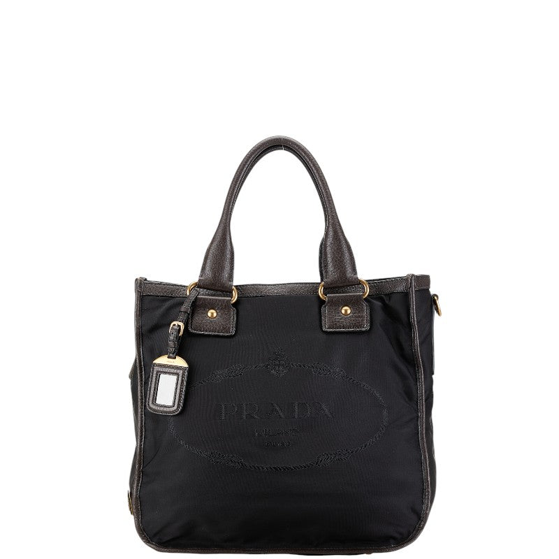 Prada Nylon Leather Logo Jacquard Tote Bag