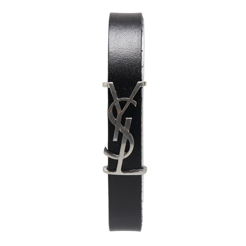 YSL Logo Leather Bracelet Black Silver