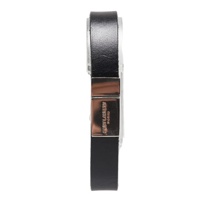 YSL Logo Leather Bracelet Black Silver