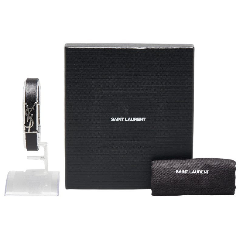 YSL Logo Leather Bracelet Black Silver