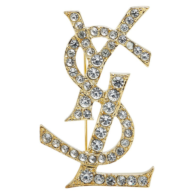 Yves Saint Laurent YSL Logo Rhinestone Brooch Gold