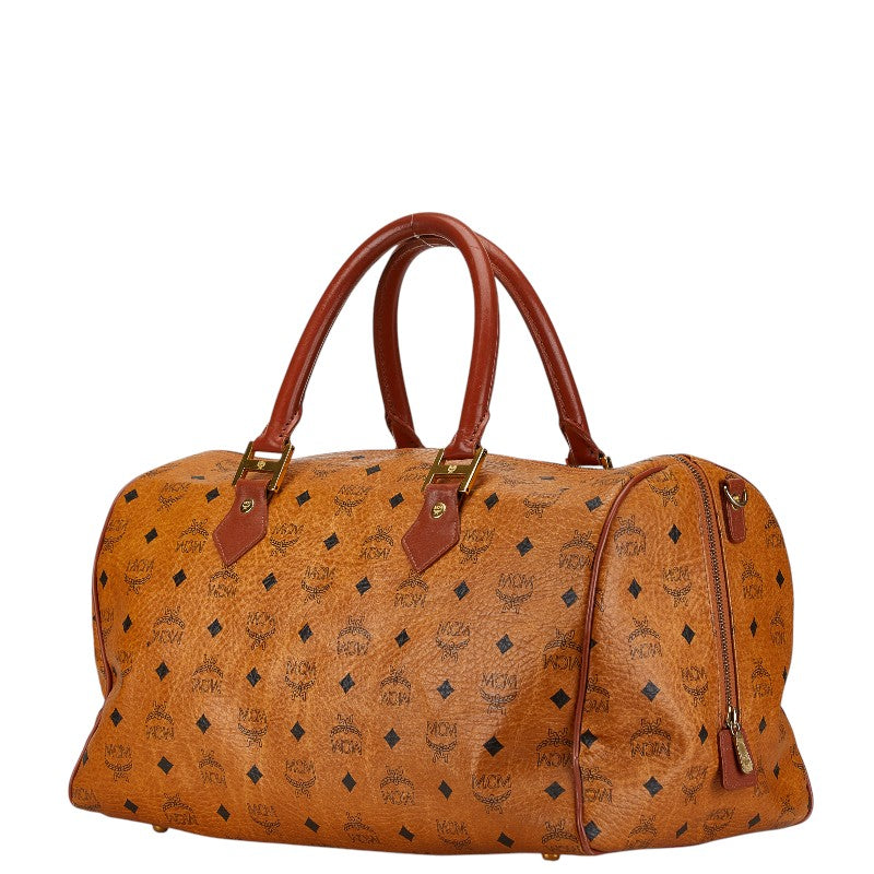 MCM Visetos Logo Boston Bag Brown PVC Leather