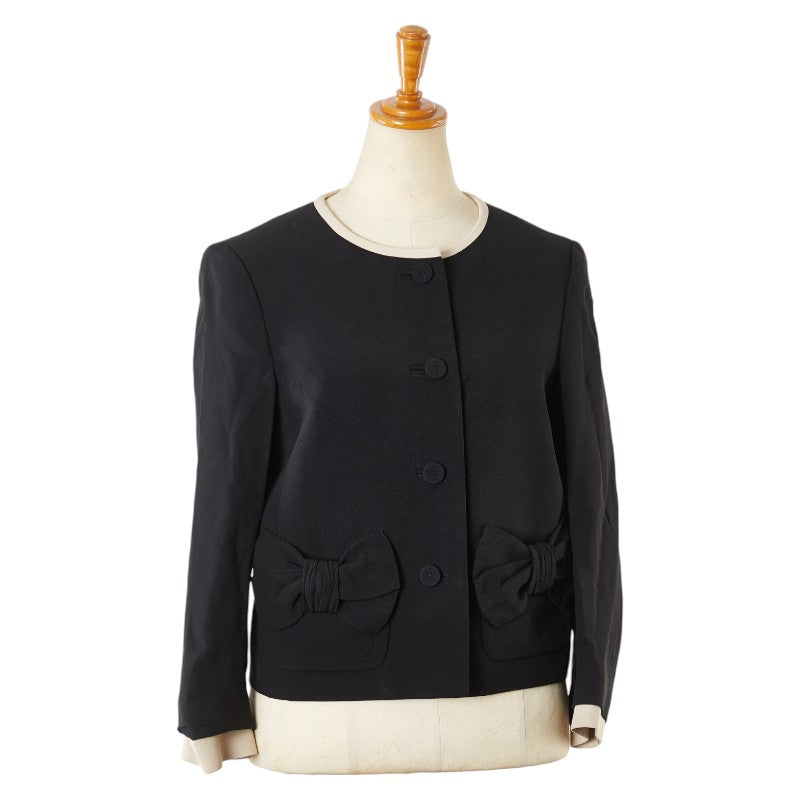 Prada Ribbon Collarless Jacket Black Beige