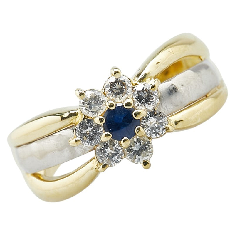 K18YG Yellow Gold Pt900 Platinum Sapphire Diamond Flower Ring