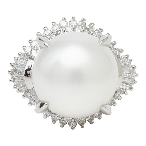 Pt900 White South Sea Pearl Diamond Flower Motif Ring