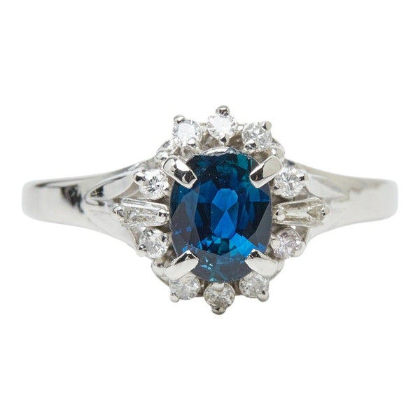 Pt900 Platinum Sapphire Diamond Flower Ring