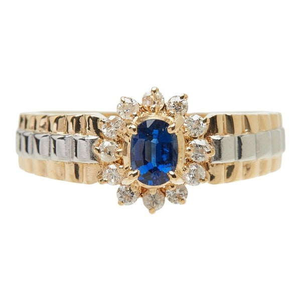 Au750 Yellow Gold Platinum Sapphire Diamond Flower Ring