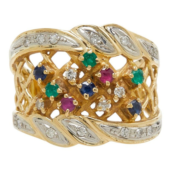 Au750 Yellow Gold Pt900 Platinum Diamond Ruby Sapphire Emerald Ring