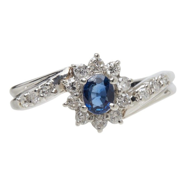 Pt900 Platinum Sapphire Diamond Flower Motif Ring
