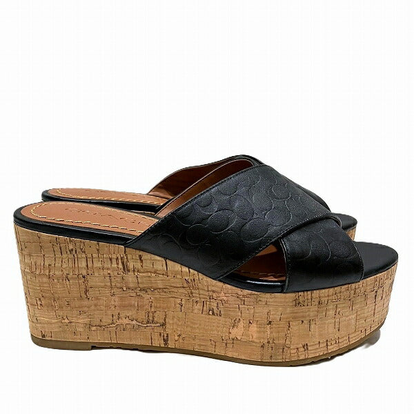 Coach Signature Black Leather Wedge Sandals