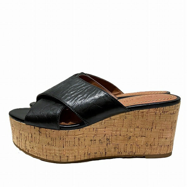 Coach Signature Black Leather Wedge Sandals