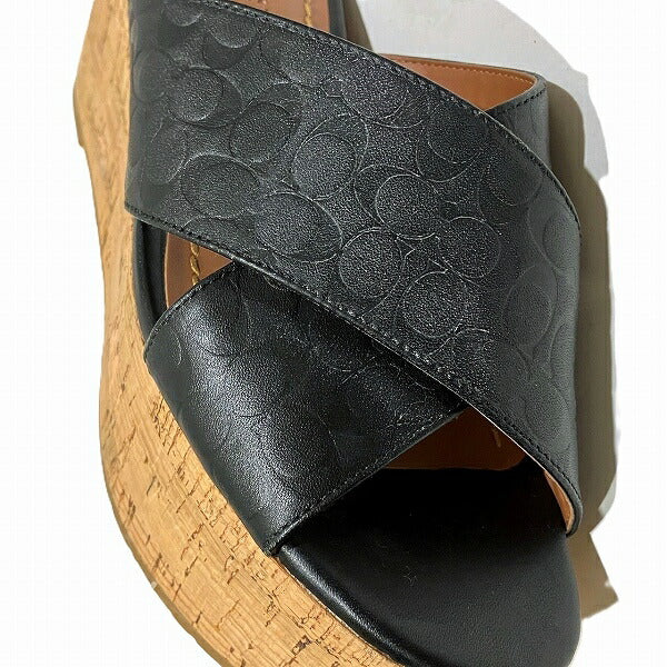 Coach Signature Black Leather Wedge Sandals