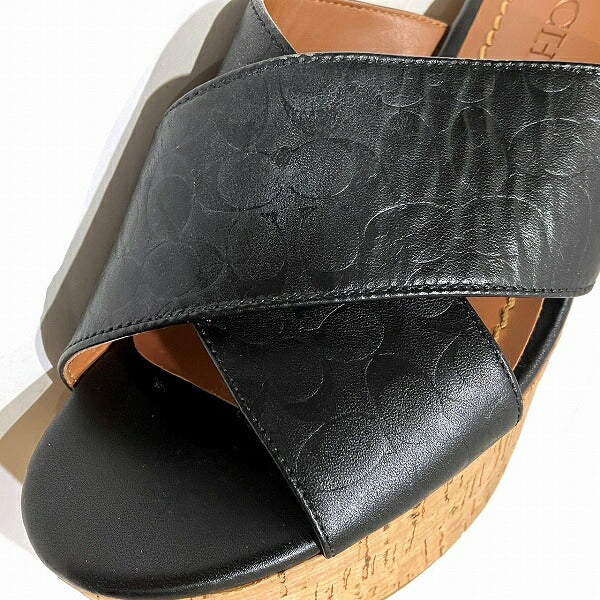 Coach Signature Black Leather Wedge Sandals