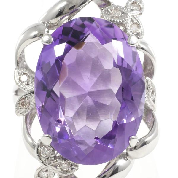 15.22ct Amethyst & 0.10ct Diamond Ring with Card Identification, K18 White Gold, Ring Size 13, Silver, Ladies, Used