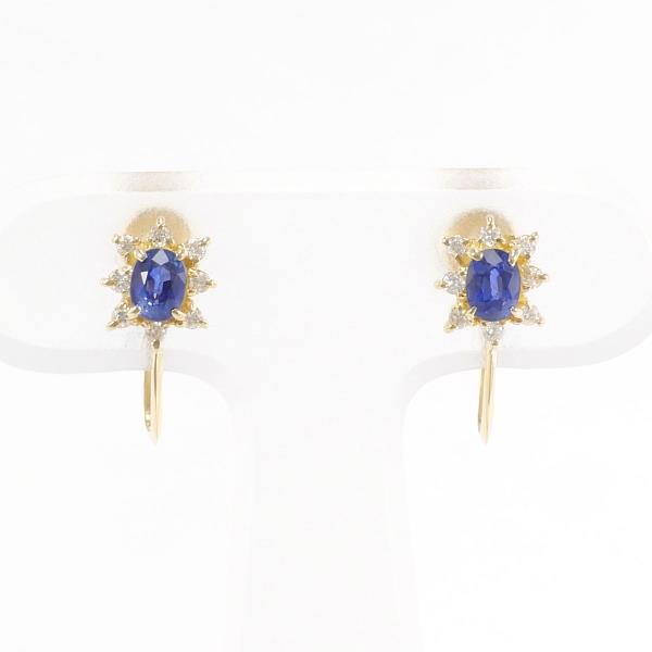 K18 Yellow Gold Sapphire Earrings with Diamonds, 2.2g in Great Condition