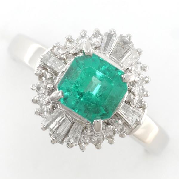 PT900 Platinum Ring with Emerald and Diamond in Excellent Condition