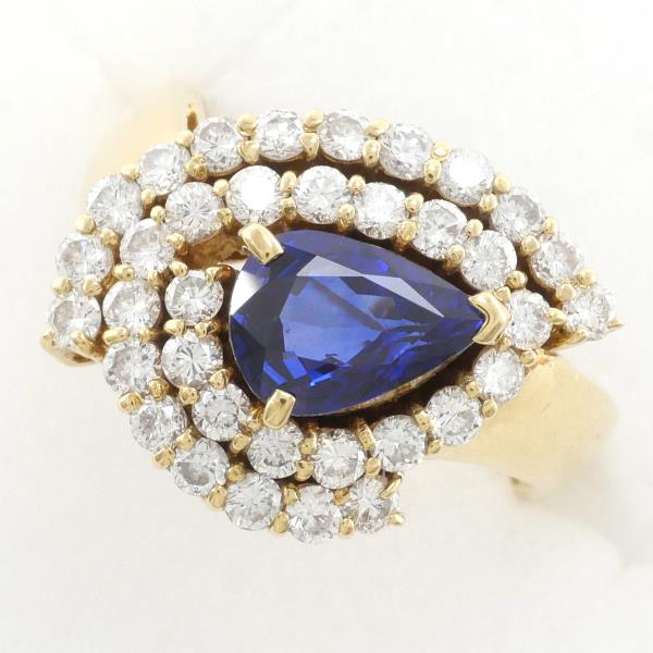 K18 Yellow Gold Ring with Royal Blue Sapphire and Diamonds in Excellent Condition