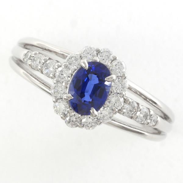 PT900 Platinum Ring with Royal Blue Sapphire and Diamonds in Excellent Condition