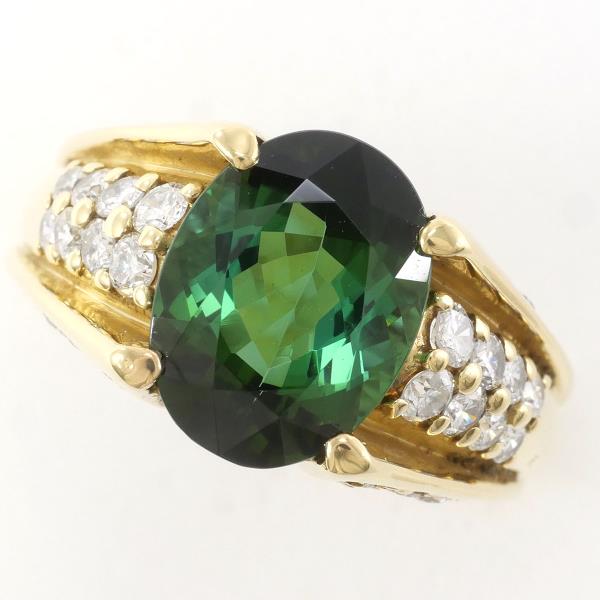 K18 Yellow Gold Ring with Green Tourmaline and Diamonds in Excellent Condition