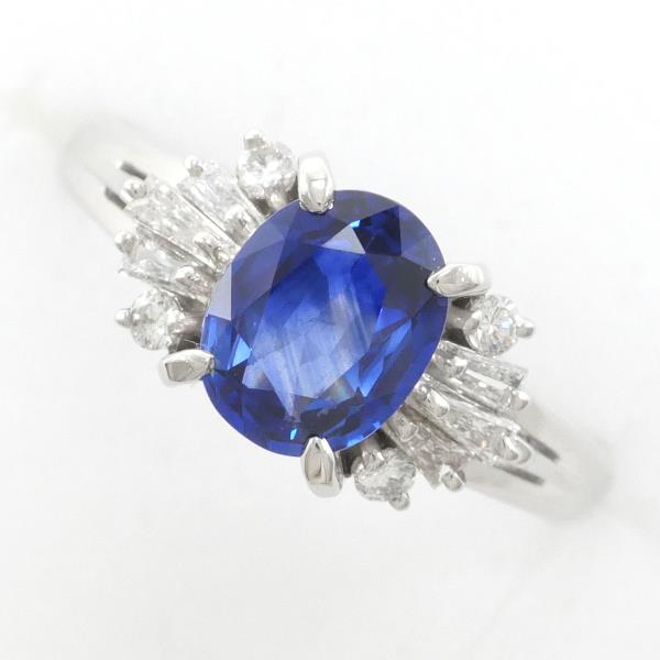 PT900 Platinum Ring with Royal Blue Sapphire and Diamonds in Excellent Condition