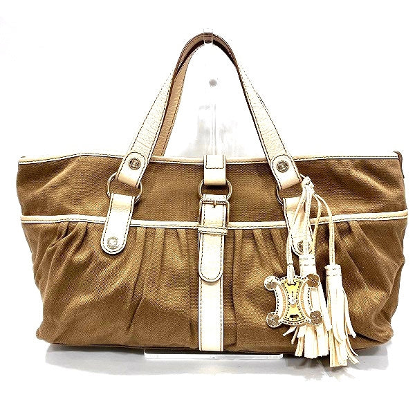 Celine Canvas Leather Triomphe Charm Fringe Handbag in Good Condition