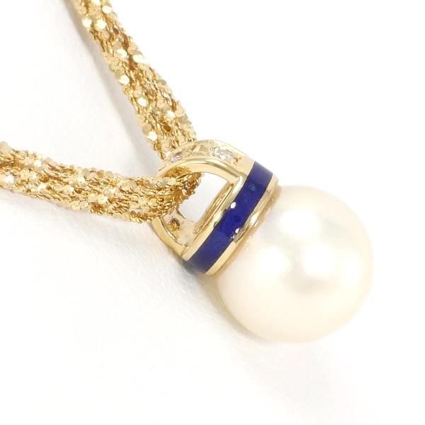 Elegant K18 Yellow Gold & Enamel Necklace with Pearl & 0.03 Carat Diamond, Approx. 6.9g, 39cm Length