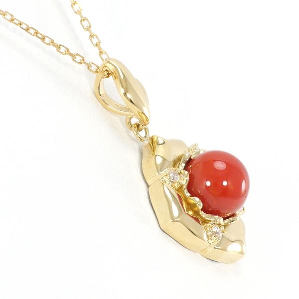 18K Yellow Gold Necklace with Coral and 0.06ct Diamond, Approximately 40cm, Ladies Necklace in Gold Color, 4.3g Total Weight - Used