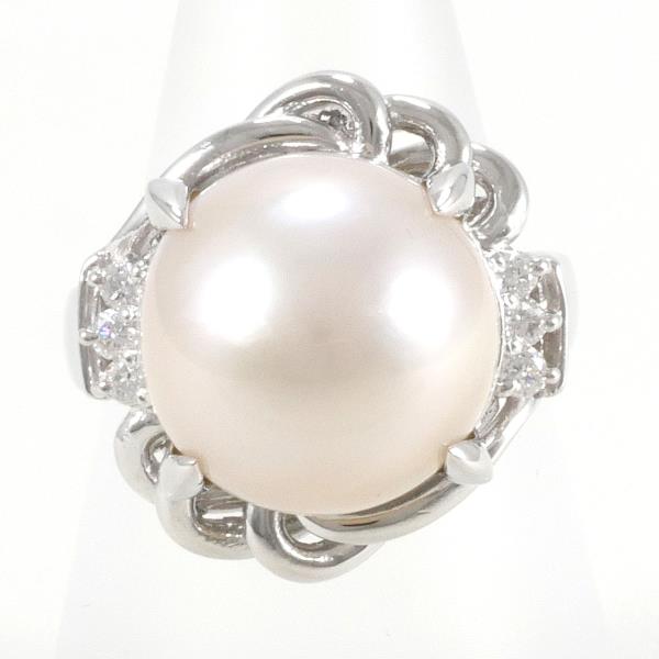 Platinum PT900 Ring with Semi-Pearl & 0.17 ct Diamond, Size 13, Total Weight about 14.4g, Ladies' in Excellent Condition